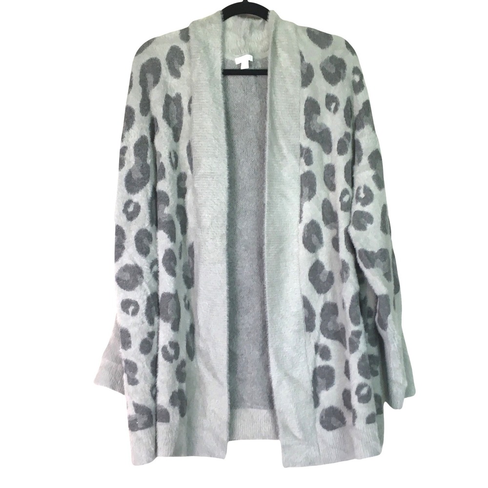J. Jill Leopard Print Eyelash Knit Open Front Cardigan XL Tall Grey